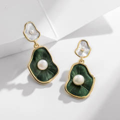 Korean fashion green lotus leaf pearl earrings