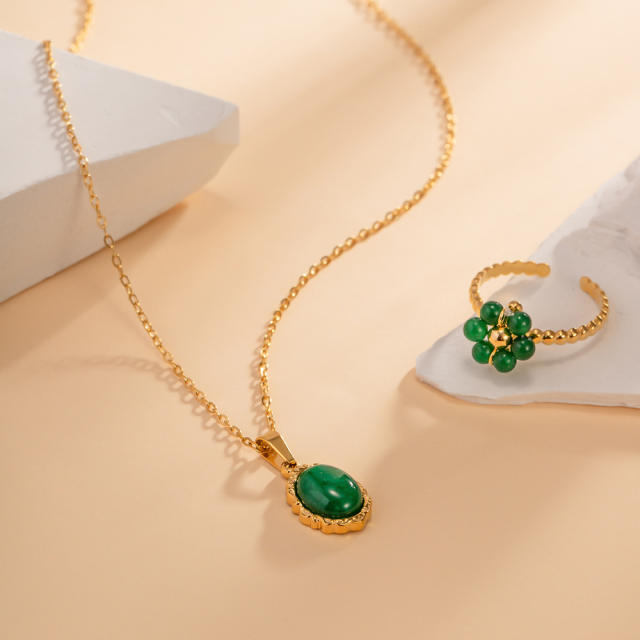 18K natural green stone stainless steel necklace