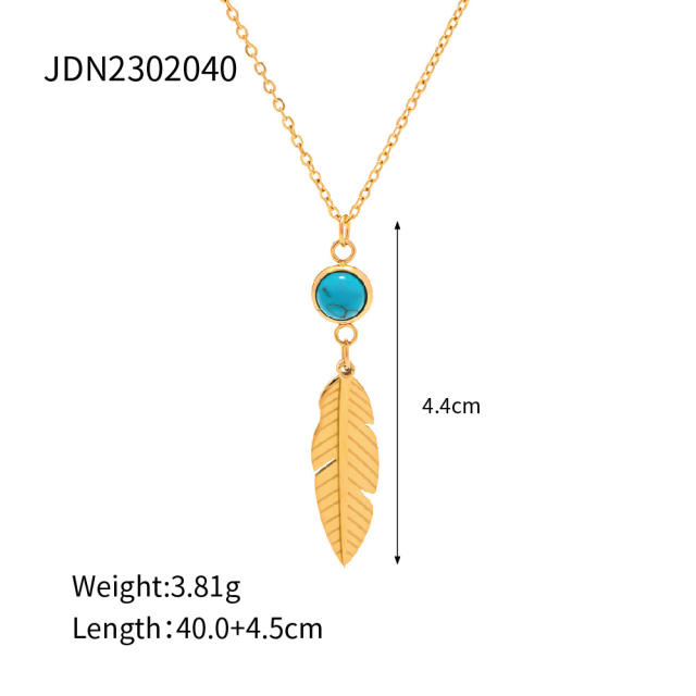 INS turquoise feather pendant stainless steel necklace