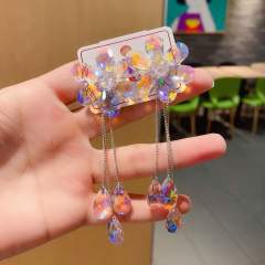 Color crystal flower tassel long earrings