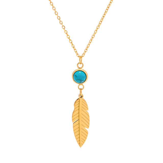 INS turquoise feather pendant stainless steel necklace