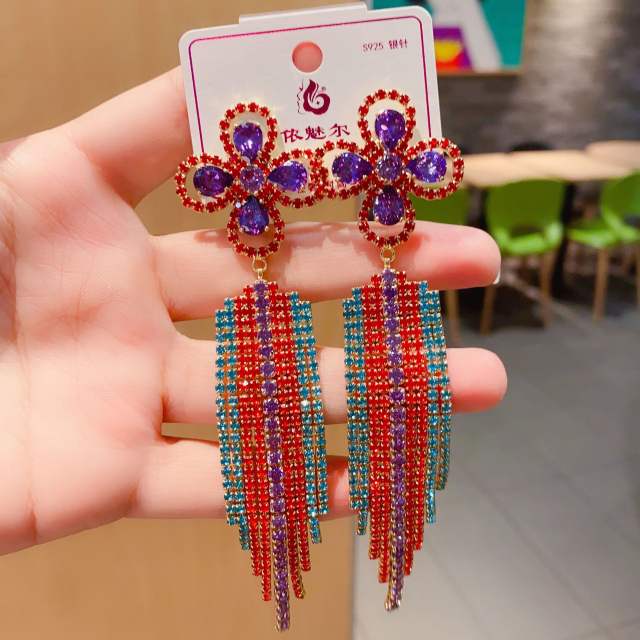 Hot sale handmade colorful rhinestone tassel dangle earrings