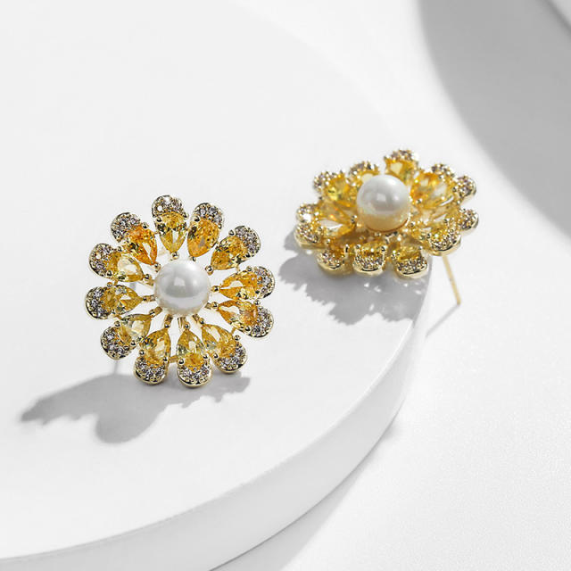 Elegant topaz setting pearl sunflower jewelry set