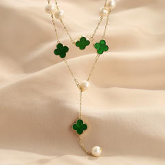 Luxury green color clover water pearl long necklace