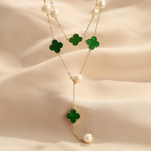 Luxury green color clover water pearl long necklace