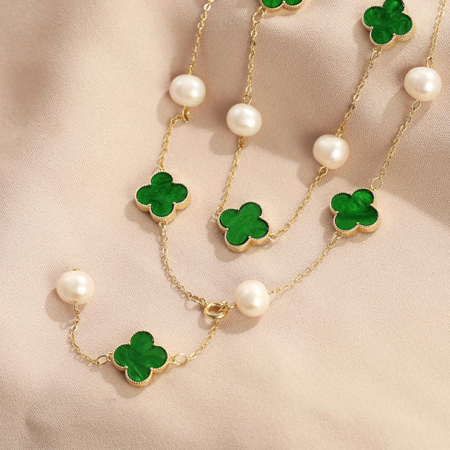 Luxury green color clover water pearl long necklace