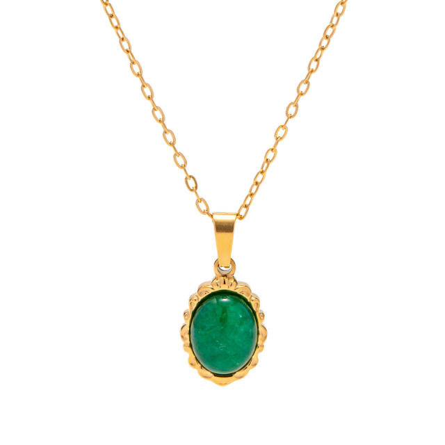 18K natural green stone stainless steel necklace