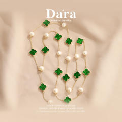 Luxury green color clover water pearl long necklace