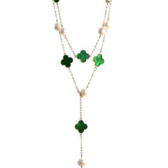Luxury green color clover water pearl long necklace