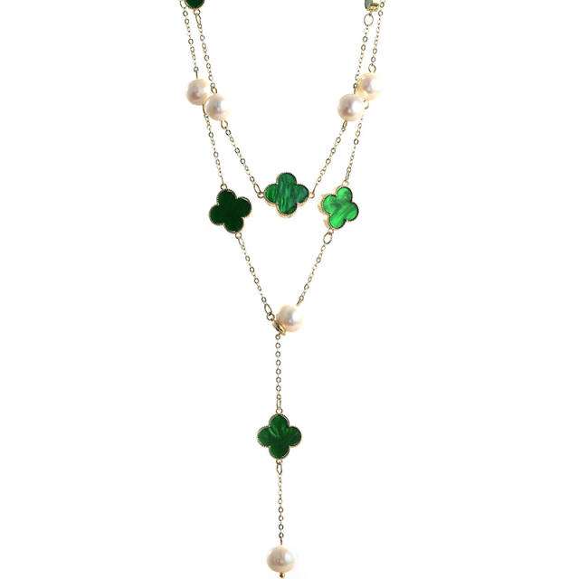 Luxury green color clover water pearl long necklace
