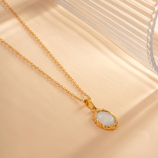 Popular oval white shell pendant stainless steel necklace