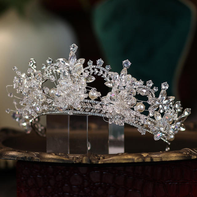 Luxury handmade crystal beads pearl wedding crown