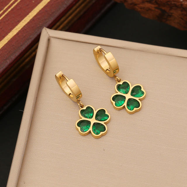Classic emerald clover stainless steel necklace earrings bangle