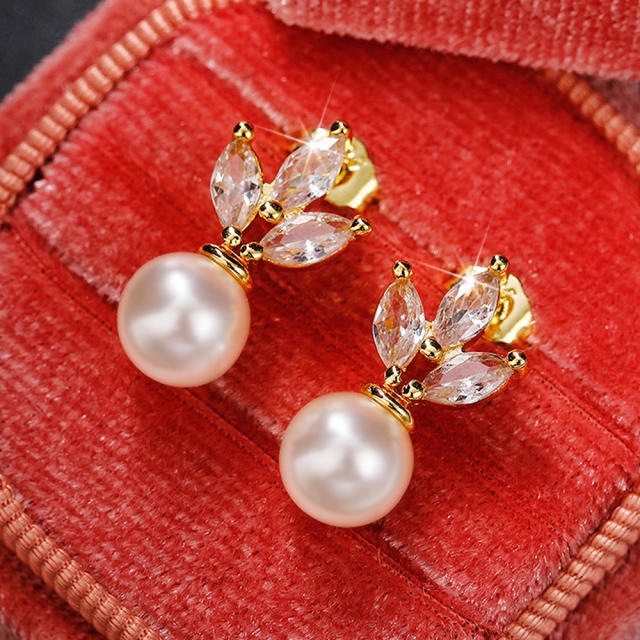 Korean fashion cubic zircon leaf pearl drop earrings
