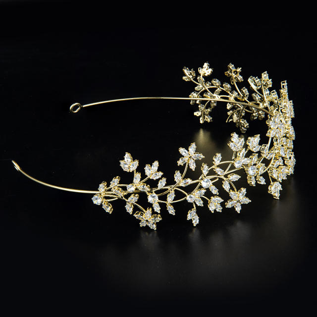 Elegant cubic zircon leaf copper headdresses