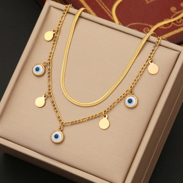 Personality evil eye charm two layer stainless steel necklace