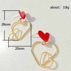 Sweet red enamel heart geometric copper earrings