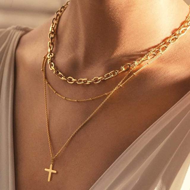 Dainty two layer stainless steel cross necklace