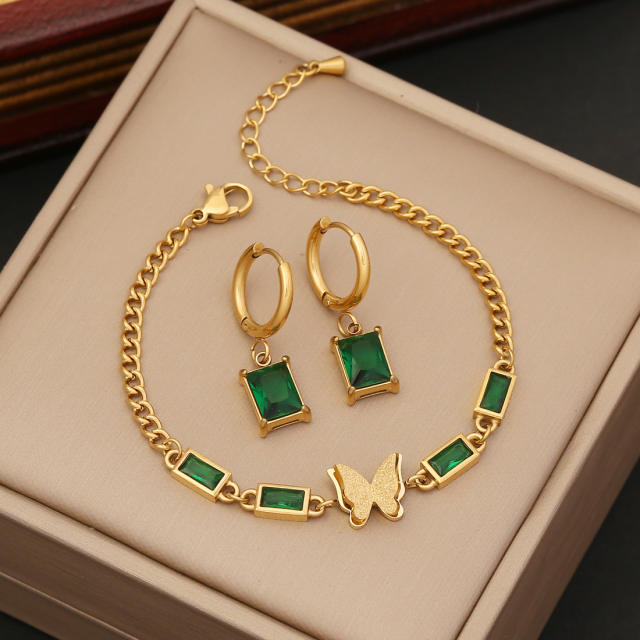 Fashionable emerald butterfly stainless steel necklace earrings bracelet