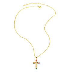 Rainbow cubic zircon cross heart pendant gold plated copper necklace