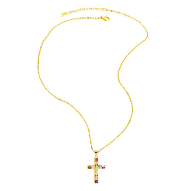 Rainbow cubic zircon cross heart pendant gold plated copper necklace