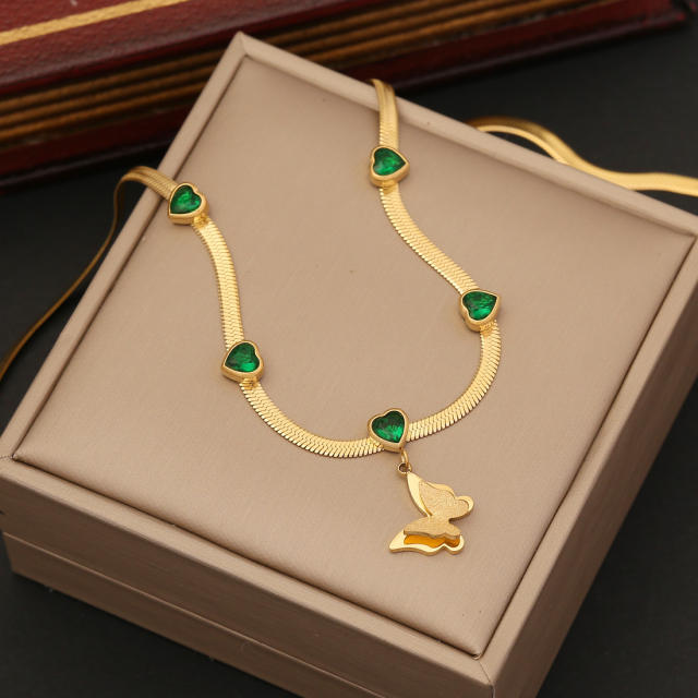 Fashionable emerald butterfly stainless steel necklace earrings bracelet