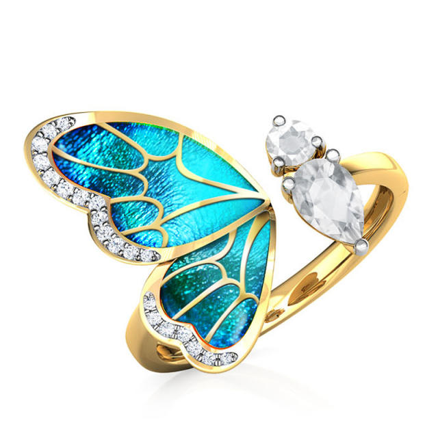Creative blue enamel butterfly adjustable rings
