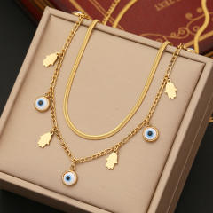 Personality evil eye charm two layer stainless steel necklace
