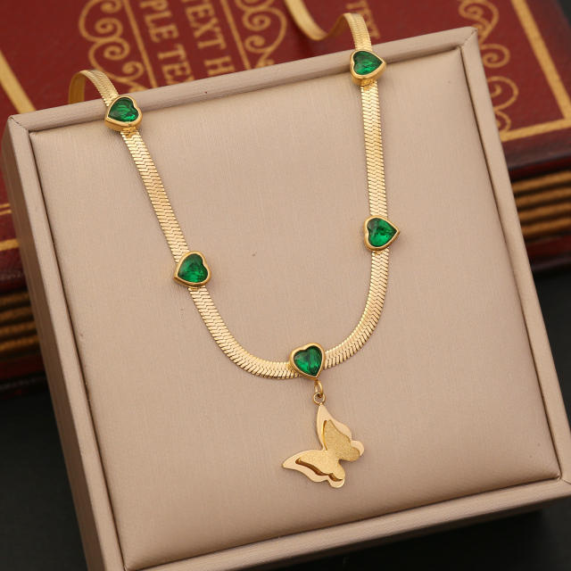 Fashionable emerald butterfly stainless steel necklace earrings bracelet