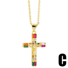 Rainbow cubic zircon cross heart pendant gold plated copper necklace