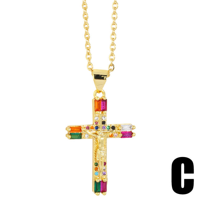 Rainbow cubic zircon cross heart pendant gold plated copper necklace