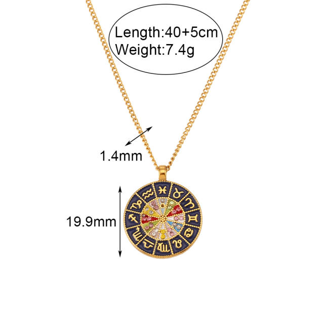Vintage round piece pendant zodiac stainless steel necklace