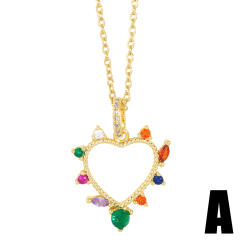 Rainbow cubic zircon cross heart pendant gold plated copper necklace