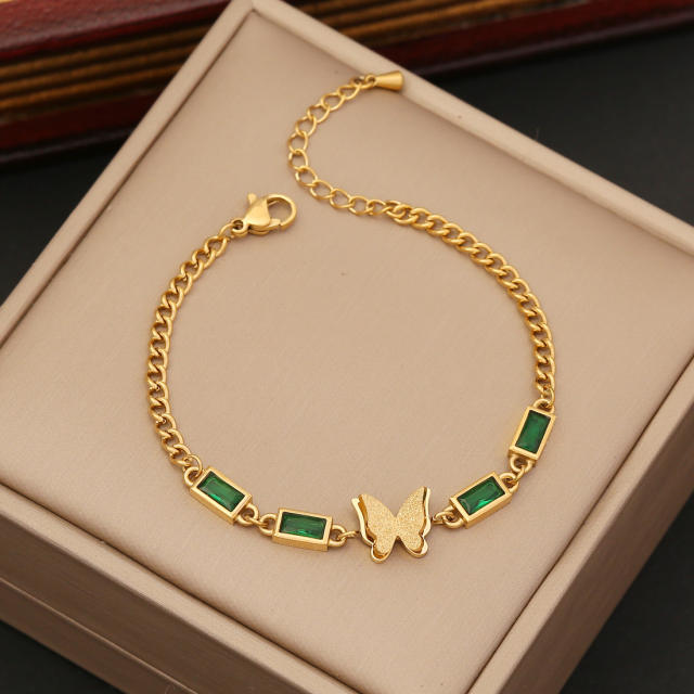 Fashionable emerald butterfly stainless steel necklace earrings bracelet