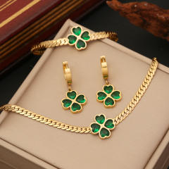 Classic emerald clover stainless steel necklace earrings bangle
