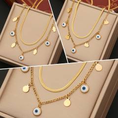 Personality evil eye charm two layer stainless steel necklace
