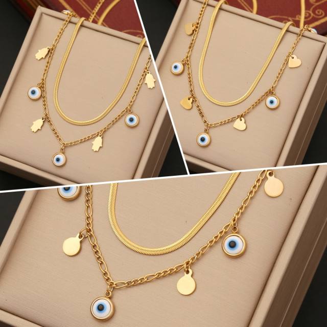 Personality evil eye charm two layer stainless steel necklace