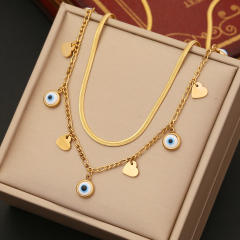 Personality evil eye charm two layer stainless steel necklace