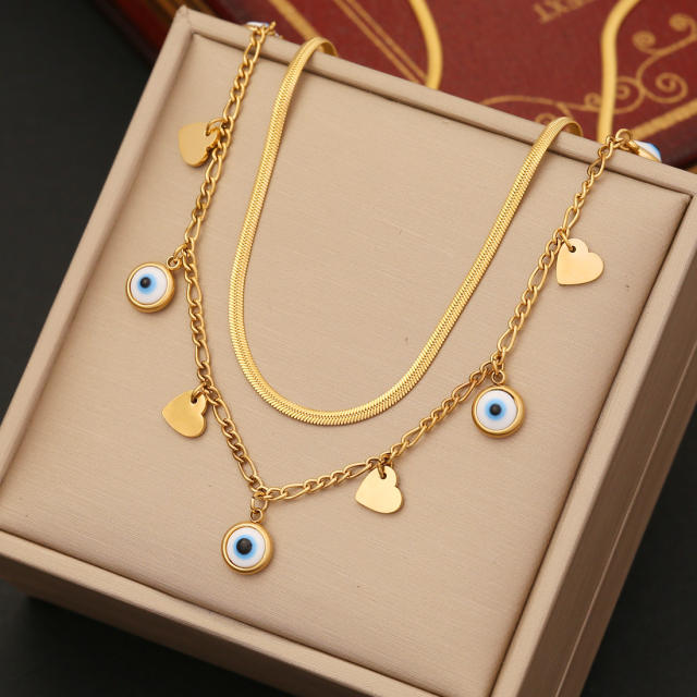 Personality evil eye charm two layer stainless steel necklace
