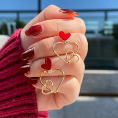 Sweet red enamel heart geometric copper earrings