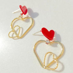 Sweet red enamel heart geometric copper earrings