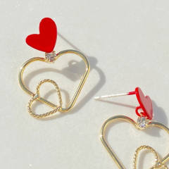 Sweet red enamel heart geometric copper earrings