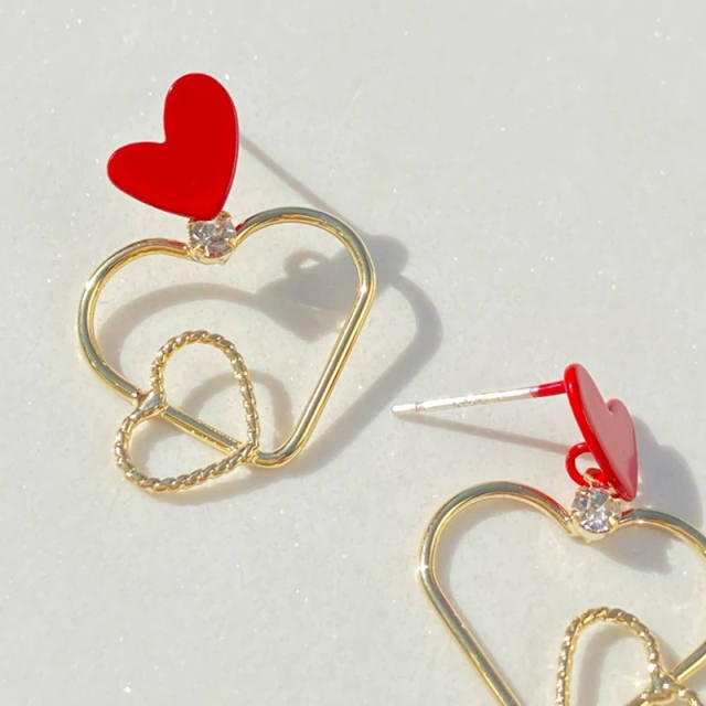 Sweet red enamel heart geometric copper earrings