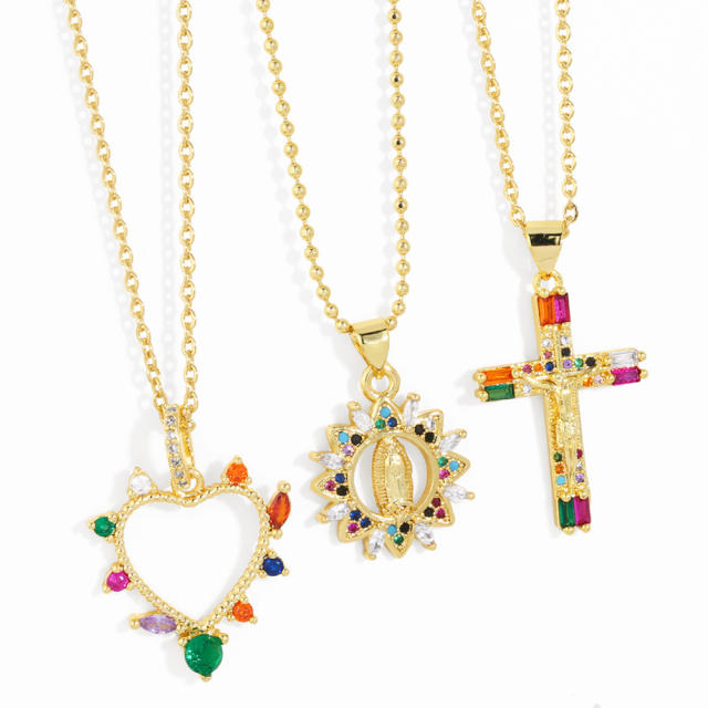 Rainbow cubic zircon cross heart pendant gold plated copper necklace