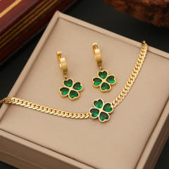 Classic emerald clover stainless steel necklace earrings bangle