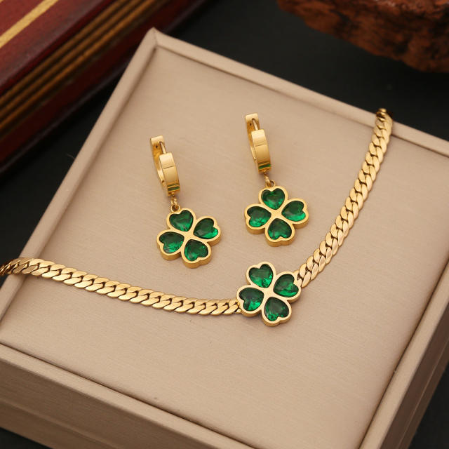 Classic emerald clover stainless steel necklace earrings bangle
