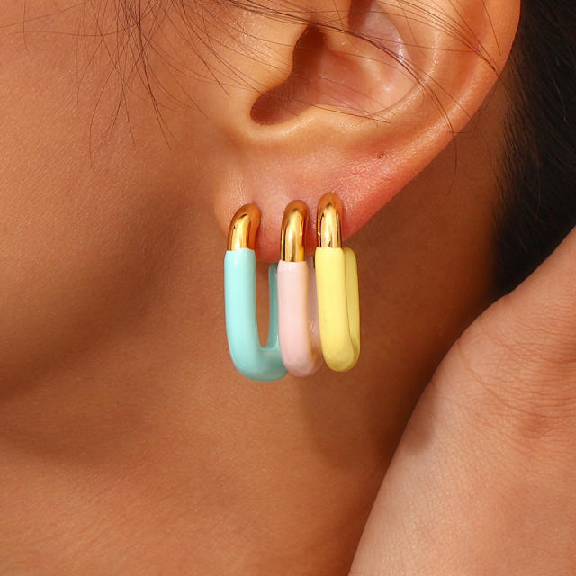 Candy color enamel U shape stainless steel earrings