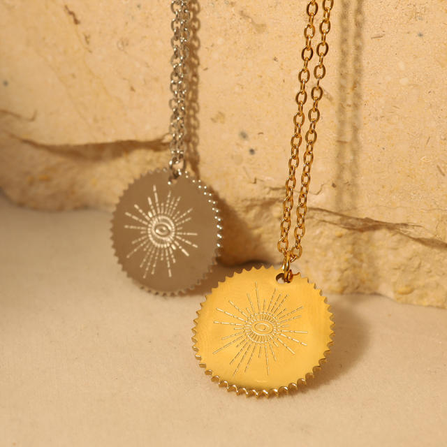 Concise evil eye symbol round piece pendant stainless steel necklace