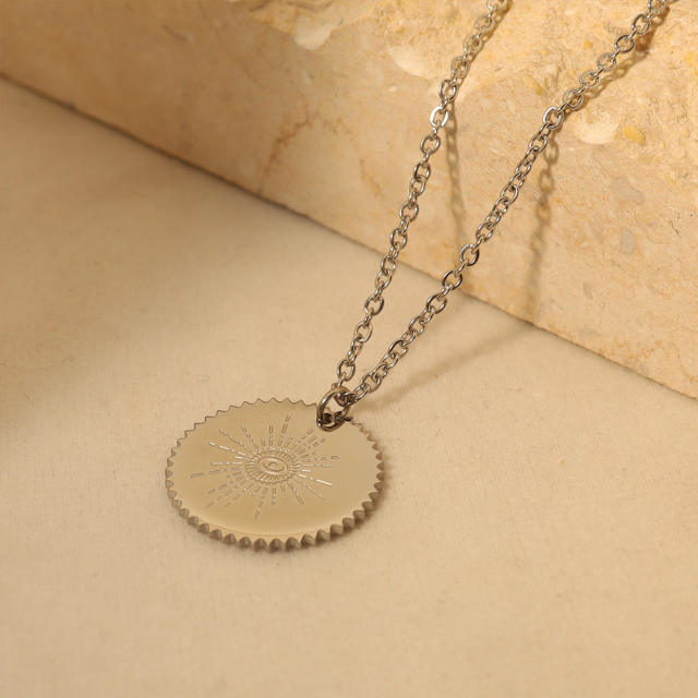 Concise evil eye symbol round piece pendant stainless steel necklace
