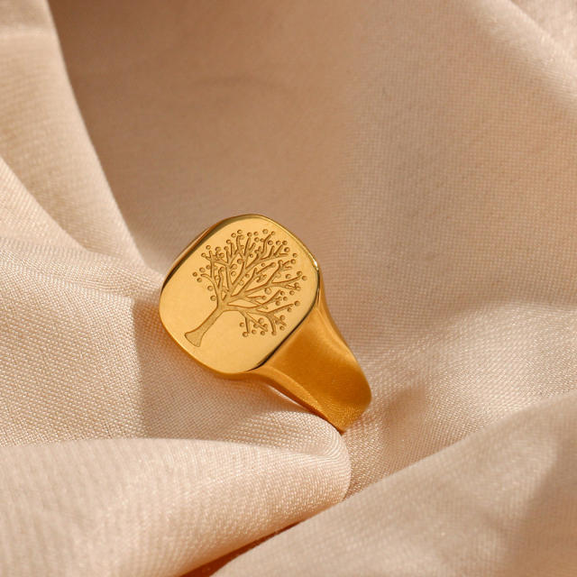 Life tree engraved stainless steel signet rings